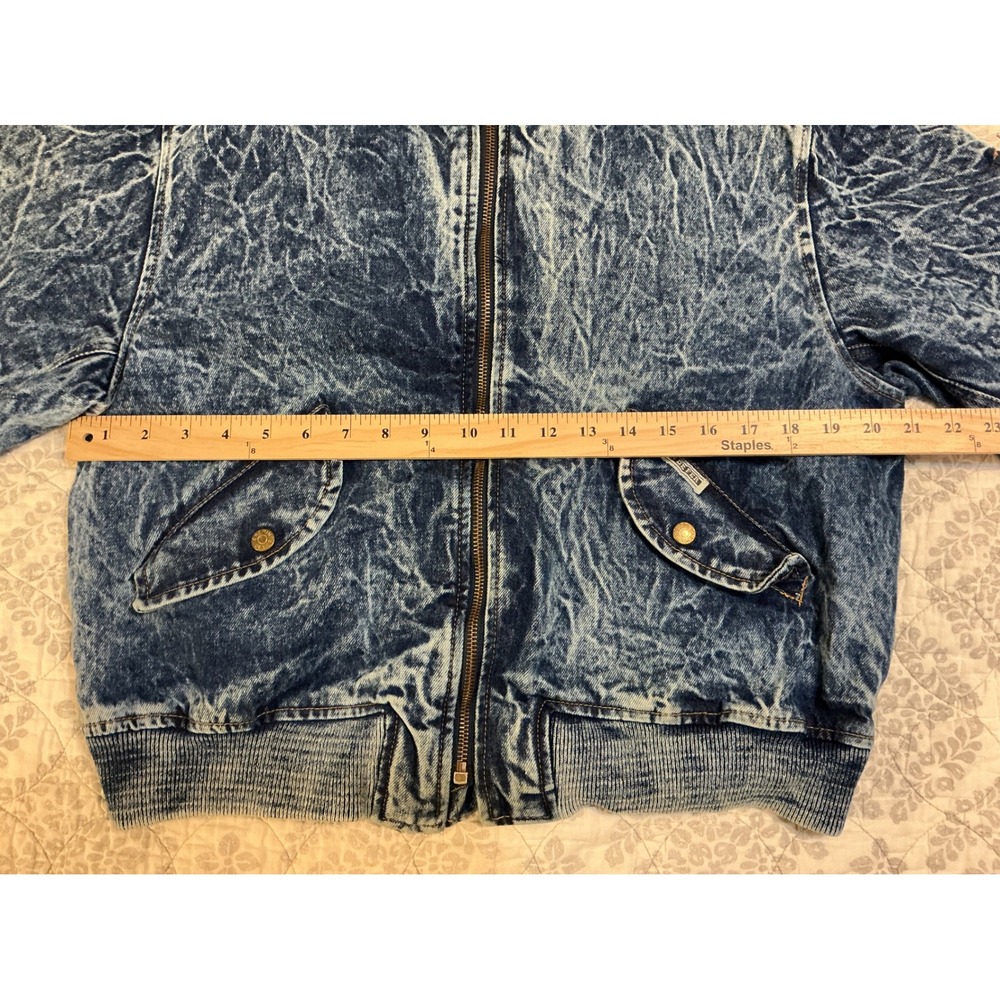 VTG Chemin de Fer Womens S Acid Wash Denim Bomber Jacket Zipper Pockets Ribbed - Picture 5 of 8